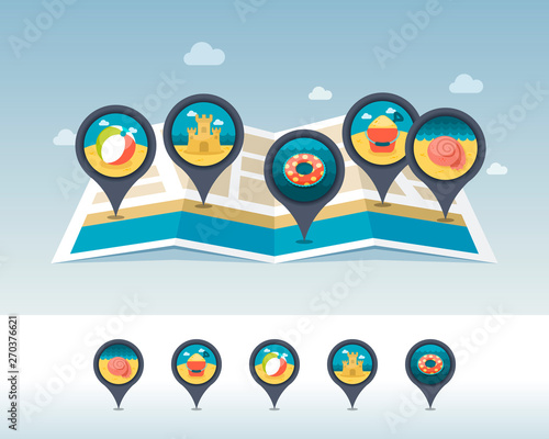 Summer pin map icon located on map. Vacation