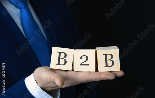 businessman holds wooden cubes with the inscription B2B
