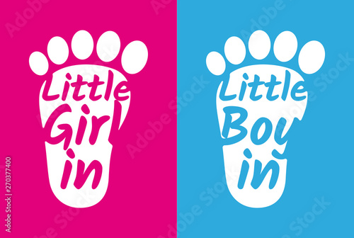 Vector sticker child footprint pink and blue with text: Girl in car. Boy in car.
