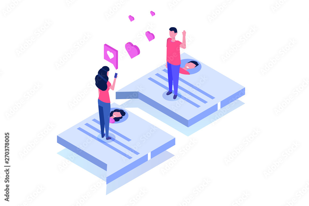 Virtual relationships, online dating, social networking concept. Vector isometric illustration. Virtual relationships, online dating, social networking concept. Vector isometric illustration.