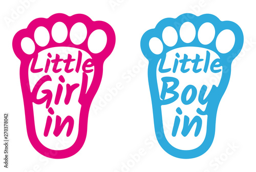 Vector sticker child footprint pink and blue with text: Girl in car. Boy in car.