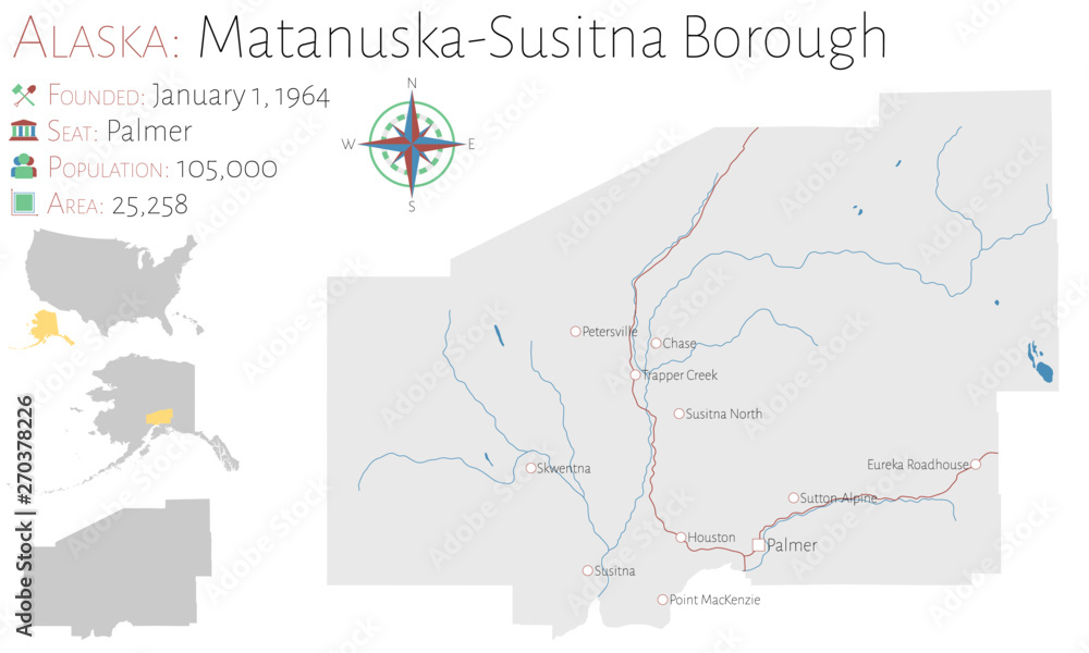 Large and detailed map of Matanuska-Susitna Borough in Alaska, USA