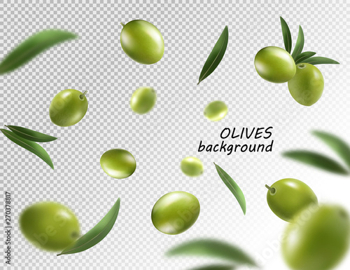 Falling olive isolated on transparent background. 3d vector illustrasion
