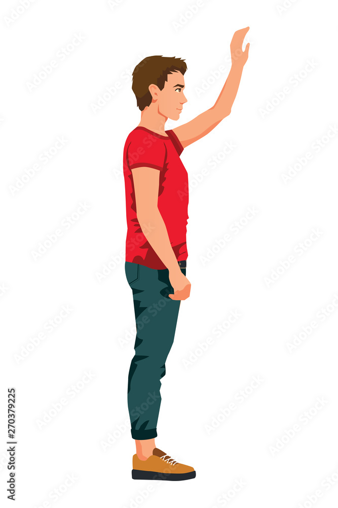 Vector illustration of man with hand up in casual clothes under the white background. Cartoon realistic people illustartion. Flat young man. Side view. Greeting. Interactive. Vector illustration of man with hand up in casual clothes under the white background. Cartoon realistic people illustartion. Flat young man. Side view. Greeting. Interactive.