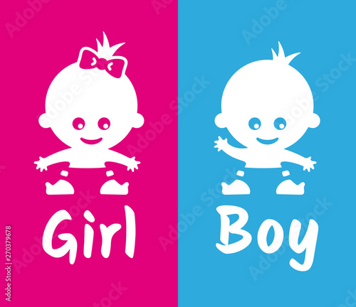 Vector sticker child footprint pink and blue with text: Girl in car. Boy in car.