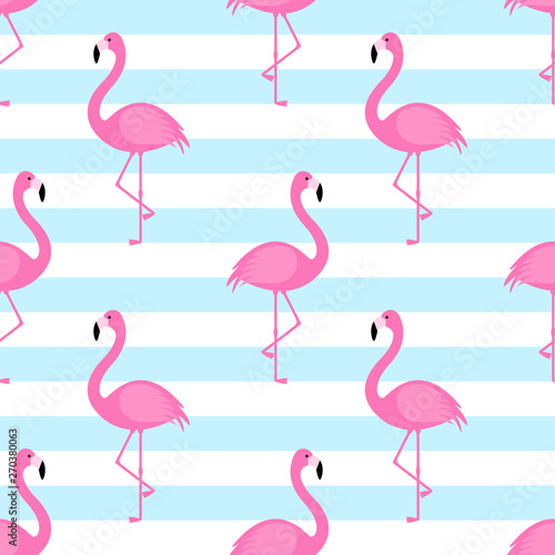Summer seamless pattern with pink flamingo on striped background. Vector illustration