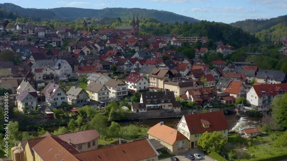 Aerial pan to the right across the center of Forbach in the black forest Schwarzwald Aerial pan to the right across the center of Forbach in the black forest Schwarzwald