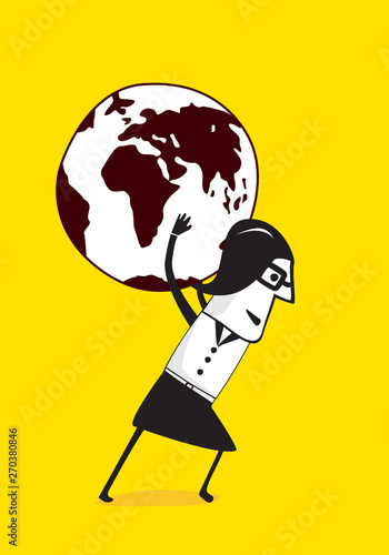 Businesswoman, carrying earth globe. Business metephor