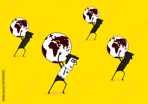 Group, carrying earth globe. Business metephor