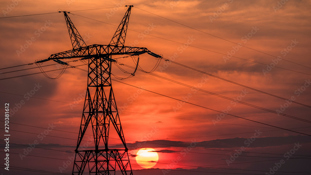 Power line pole on the background of sunset and beautiful sky Power line pole on the background of sunset and beautiful sky
