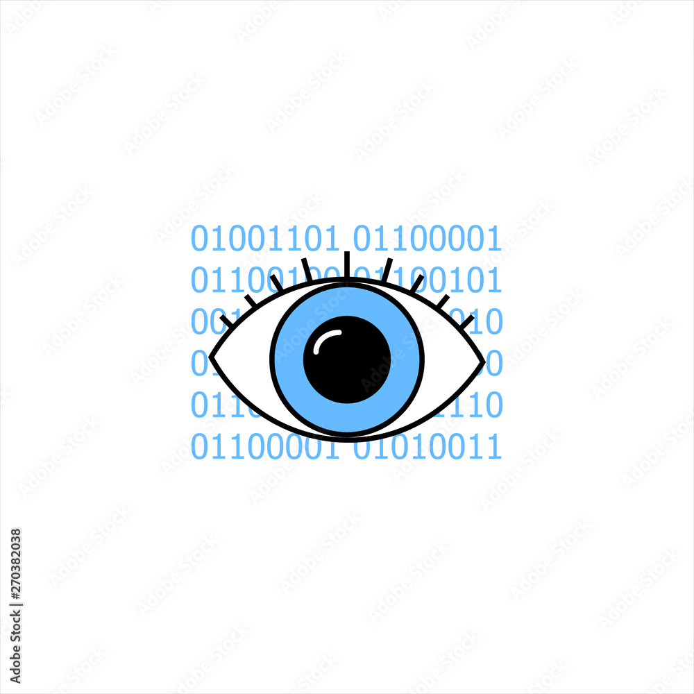 Observing open blue eye icon with 0s and 1s in the background. Use for cyber security, internet monitoring, or simple visibility representation.- Vector Observing open blue eye icon with 0s and 1s in the background. Use for cyber security, internet monitoring, or simple visibility representation.- Vector