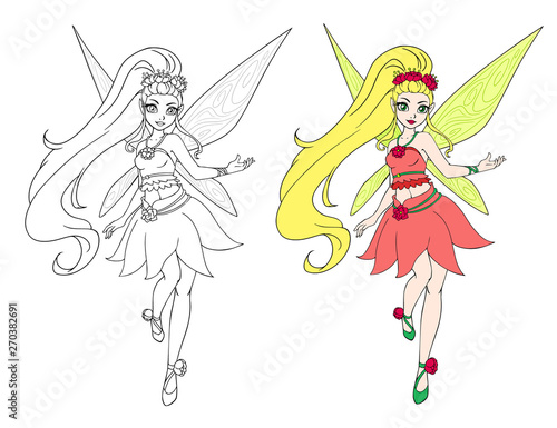 Spring cartoon fairy girl flies. Outlined for coloring book isolated on a white background. Hand drawn doodle illustration.