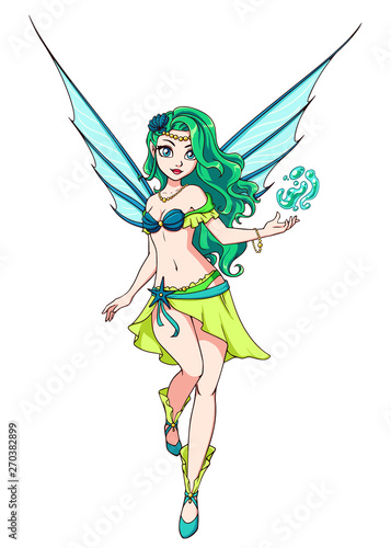 Cute cartoon fairy with green hair and blue wings. Green dress. Hand drawn vector illustration.