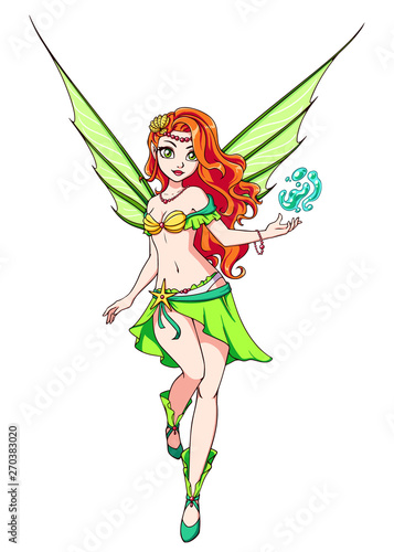 Cute cartoon fairy with red hair and green wings. Hand drawn vector illustration. Can be used for games, children books, cards, etc.