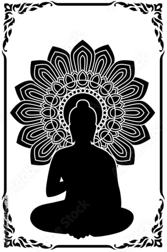 Silhouette Siddhartha gautama with Dharma Wheel and flower frame