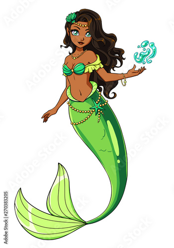 Cute mermaid vector design. Girl with black hair and green fish tail. Hand drawn vector illustration.