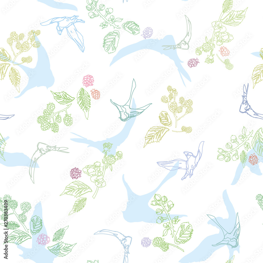 White vector repeat pattern with line art florals, leaf, blossom and swallow. Doodle style. Summer.