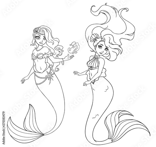 Set of two cute mermaids with long hair. Hand drawn vector illustration on a white background for coloring book, tattoo, card, t-shirt template etc.