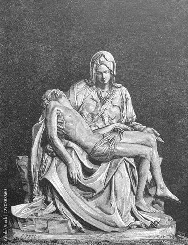 Grieving Mother of God (in the Cathedral of Peter in Rome) by Michelangelo in the vintage book the History of Arts by Gnedych P.P., 1885