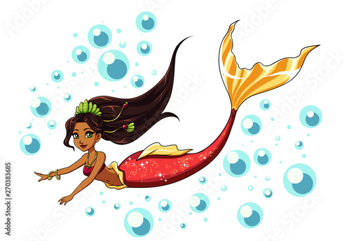 Cute swimming mermaid vector design. Cartoon girl with brown hair and red fishtail.