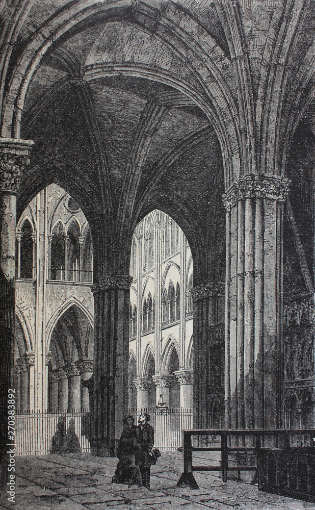 Innterior of Notre-Dame de Paris in the vintage book the History of Arts by Gnedych P.P., 1885