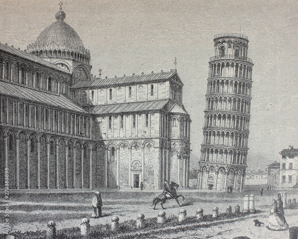 The Leaning Tower of Pisa in the vintage book the History of Arts by Gnedych P.P., 1885