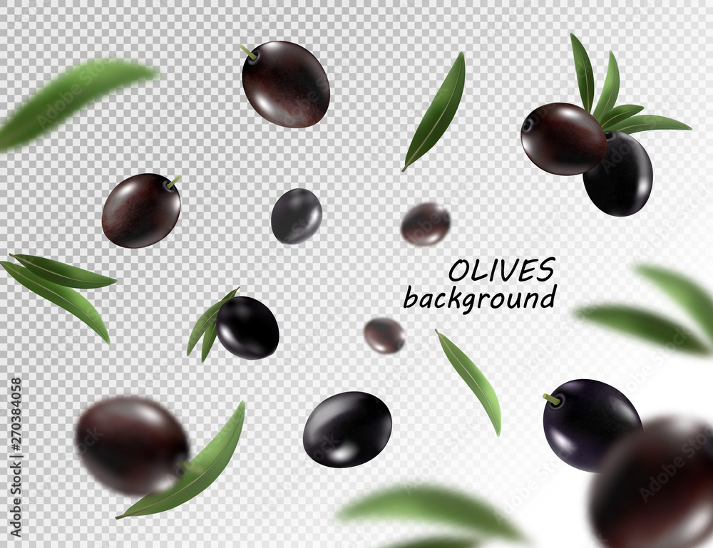 Isolated olives in the air. Falling black olive fruits isolated on transparent background. 3d vector illustrasion Isolated olives in the air. Falling black olive fruits isolated on transparent background. 3d vector illustrasion