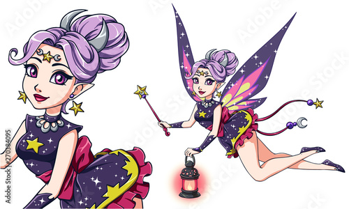 Pretty cartoon fairy holding lantern and magic wand. Violet hair, purple dress. Moon, stars.