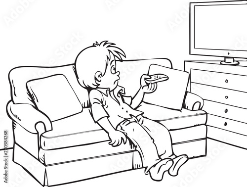 boredom boy lying at sofa and watching tv