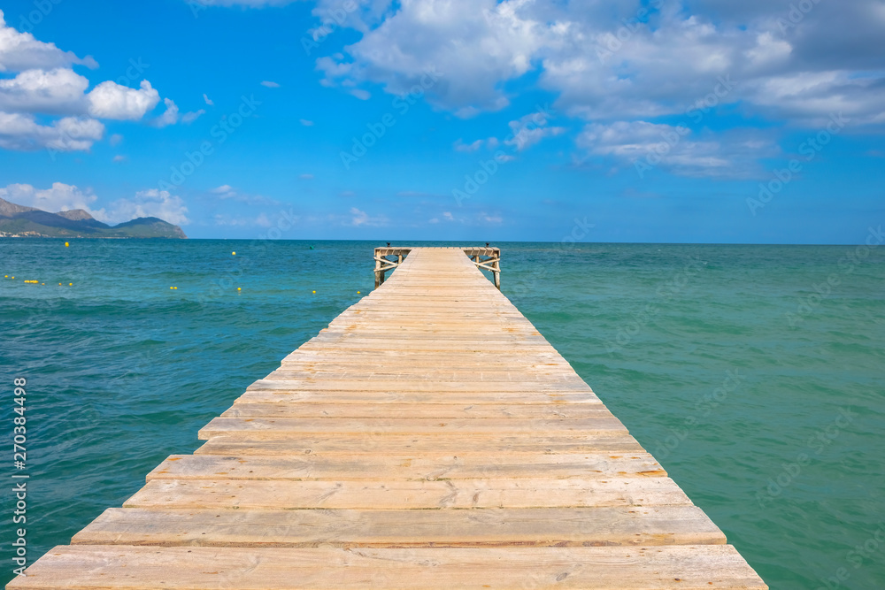 Wooden pier, Playa de Muro Beach, Mallorca, Balearic Islands, Spain
