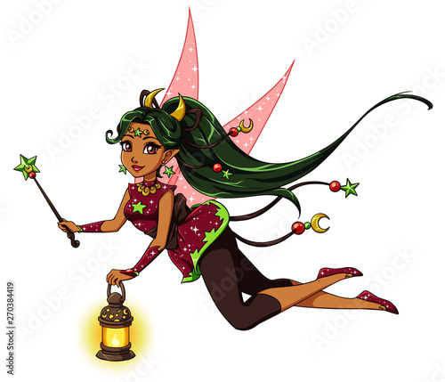 Pretty cartoon fairy holding lantern and magic wand. Green hair, red dress.