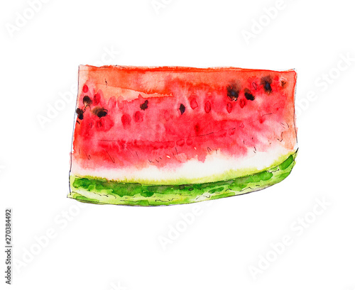 Watercolor red juicy watermelon slice. Sketch drawing. Food background, painted bright composition. Hand drawn food illustration. Fruit print. Summer sweet fruits and berries.