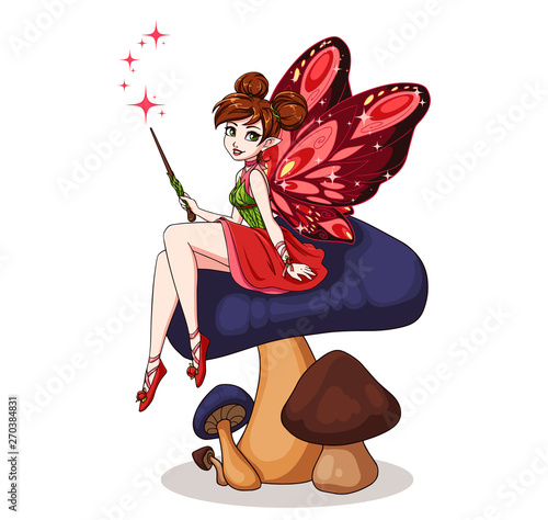 Cute cartoon fairy with butterfly wings sitting on mushroom. Girl with brown buns wearing red dress. Hand drawn vector illustration.