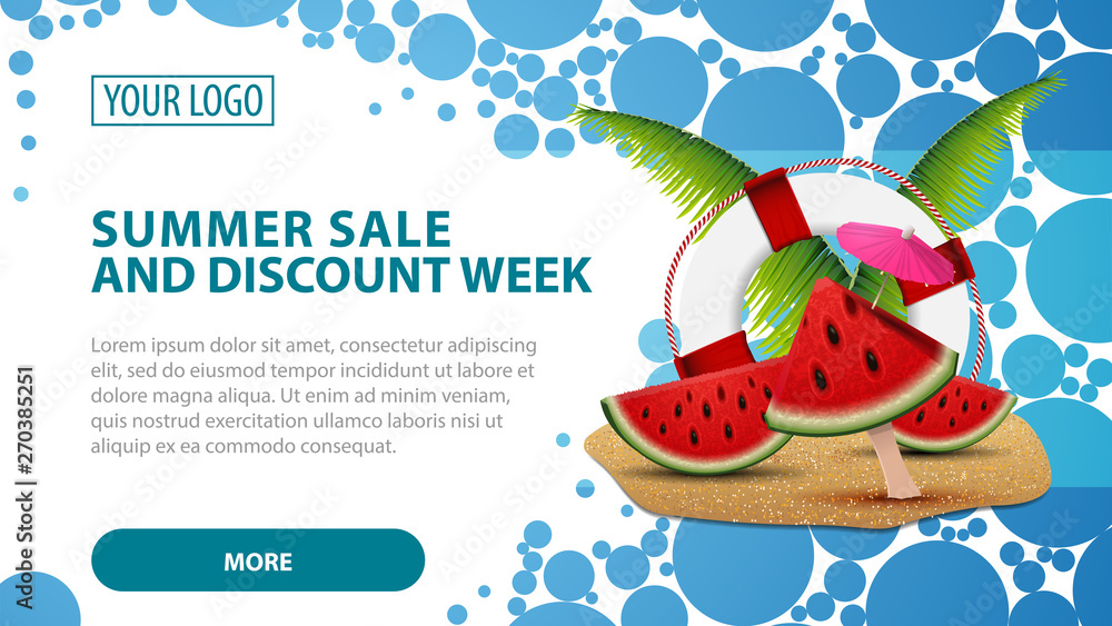 Summer sale and discount week, horizontal web banner with the texture of the circle, watermelon slices, palm leaves and lifeline Summer sale and discount week, horizontal web banner with the texture of the circle, watermelon slices, palm leaves and lifeline