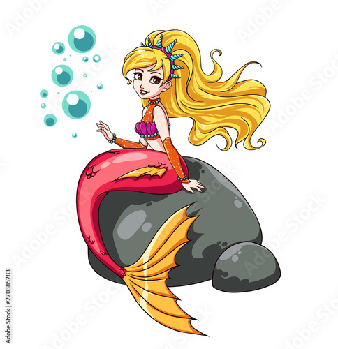Cute mermaid sitting on rock. Crown with shells, wavy blonde hair, shiny shirt, pink tail. Hand drawn vector art.
