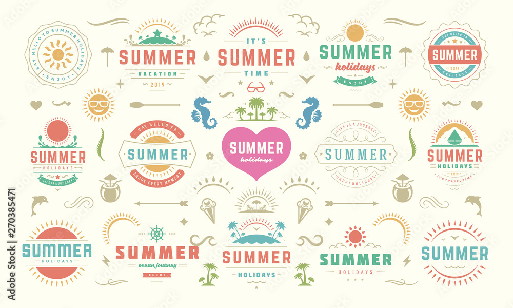 Summer labels and badges design set retro typography for posters, greeting cards and banners.