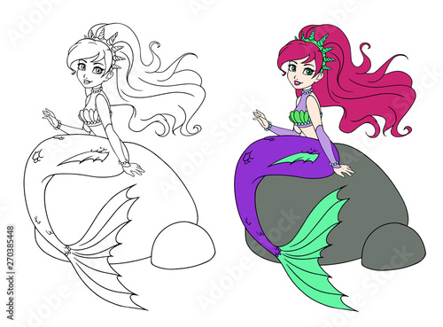 Cute mermaid sitting on rock. Hand drawn vector doodle. Can be used for children mobile games, coloring books, stickers, cards, tattoo, t-shirt design.