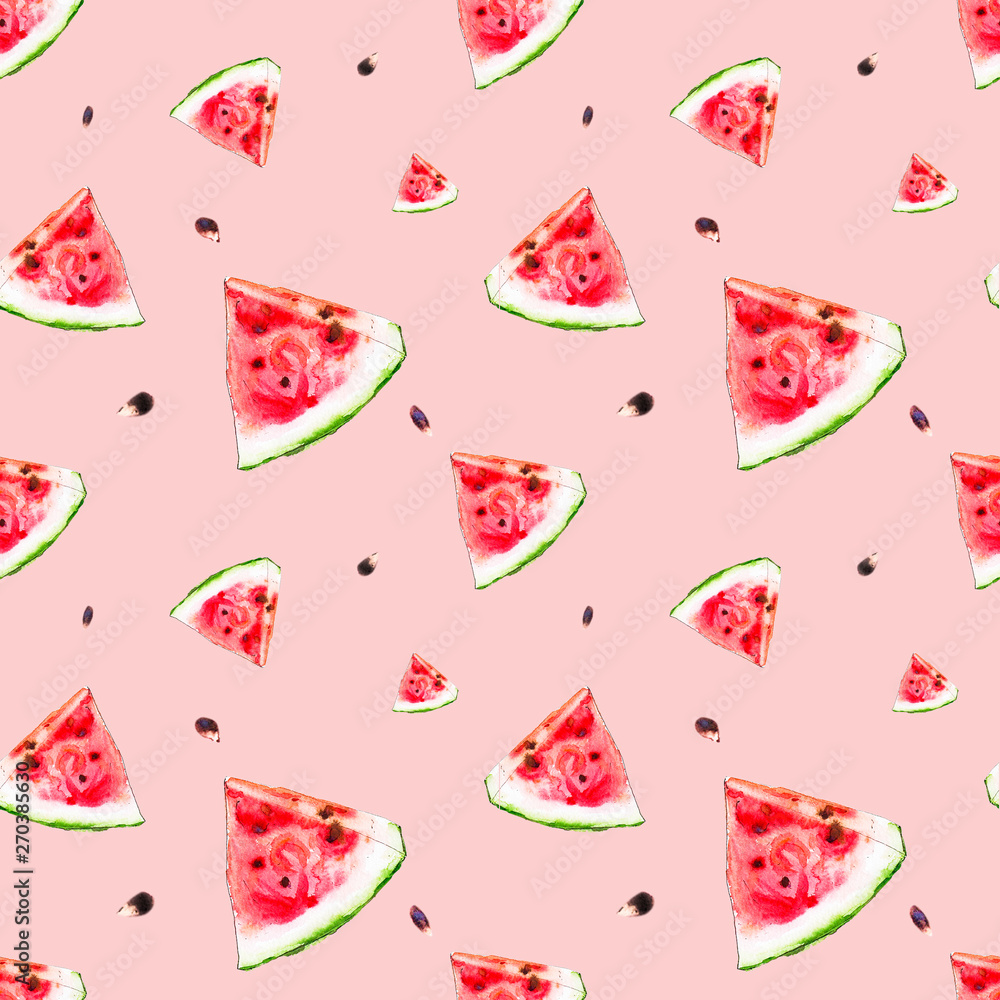 Watercolor seamless pattern from red juicy watermelon slicies. Sketch drawing. Food background, painted bright composition. Hand drawn food illustration. Fruit print. Summer sweet fruits and berries. Watercolor seamless pattern from red juicy watermelon slicies. Sketch drawing. Food background, painted bright composition. Hand drawn food illustration. Fruit print. Summer sweet fruits and berries.