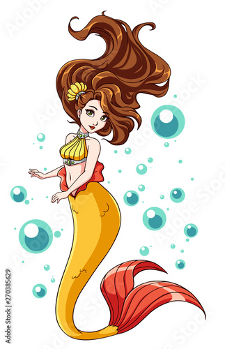 Cute mermaid vector design. Cartoon girl with brown hair and yellow fishtail. isolated on white background and bubbles.