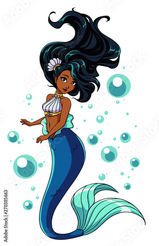Cute mermaid vector design. Cartoon girl with black hair and blue fishtail. isolated on white background and bubbles.