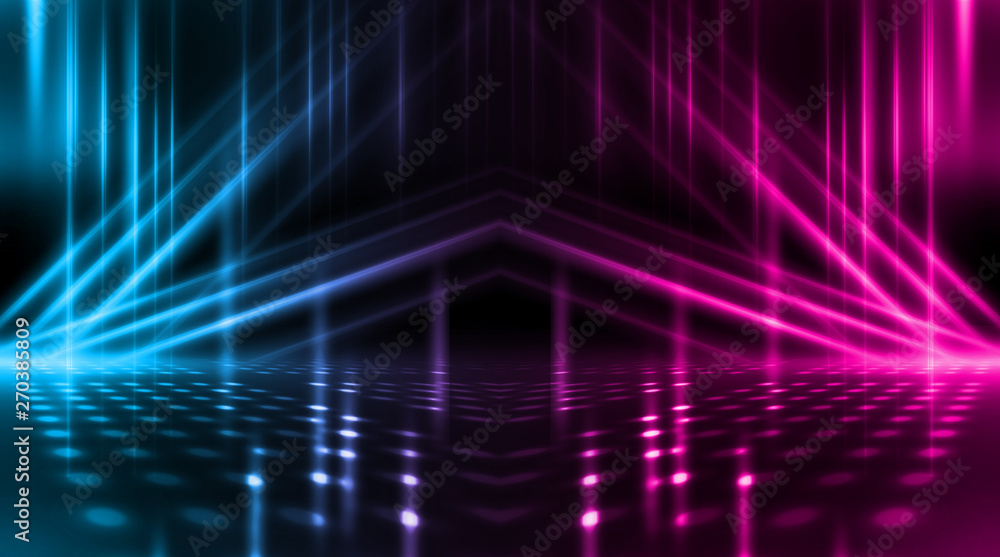Background of empty stage show. Neon blue and purple light and laser show.  Laser futuristic shapes on a dark background. Abstract dark background with  neon glow Stock Photo | Adobe Stock