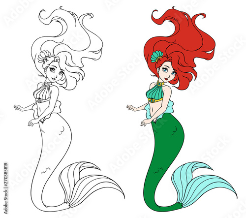 Cute mermaid with long hair. hand drawn vector illustration on a white background for coloring book, tattoo, card, t-shirt template etc.