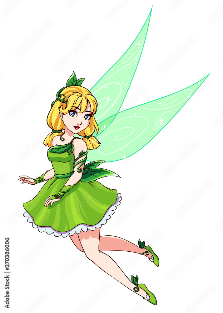 Beautiful cute fairy with blonde pigtails wearing green dress. Hand drawn vector illustration. Beautiful cute fairy with blonde pigtails wearing green dress. Hand drawn vector illustration.