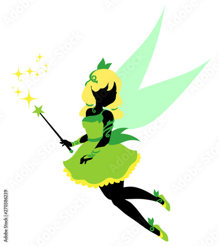 Fairy silhouette. Blonde hair and green dress. Pixie waving her magic wand. Hand drawn vector illustration. Isolated pn white background.