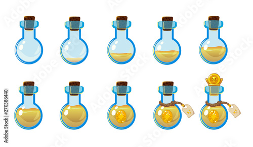 Set of different states of bottle with yellow elixir and golden skull coin. Illustration for mobile game interface.