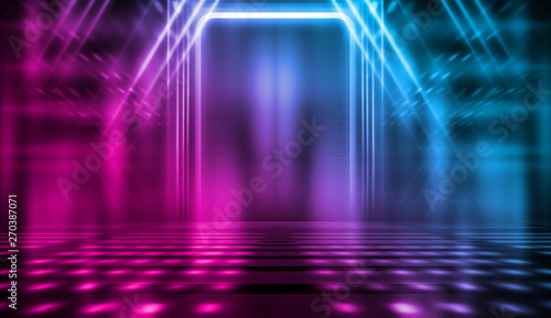 Fototapeta Naklejka Na Ścianę i Meble -  Background of empty stage show. Neon blue and purple light and laser show. Laser futuristic shapes on a dark background. Abstract dark background with neon glow