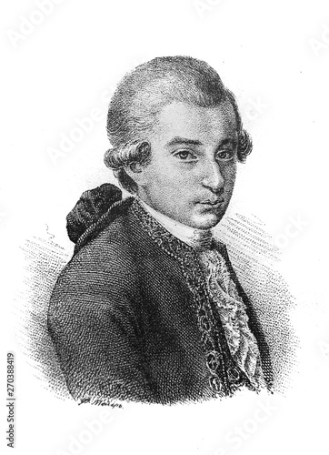 The portrait of Wolfgang Amadeus Mozart in the vintage book New Biography of Wolfgang Amadeus Mozart by A.D. Ulybysheva, Moscow, 1890 photo