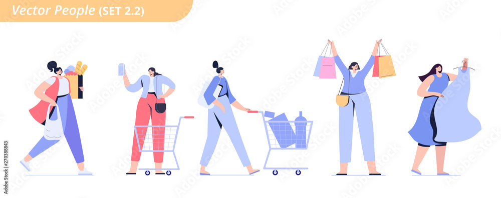 Women  shopping. Set of characters. Flat Vector illustration.