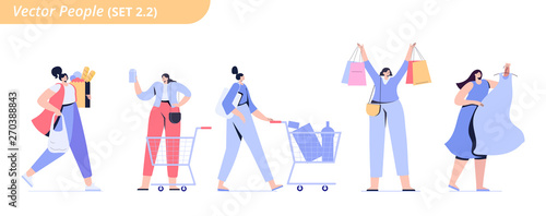 Women shopping. Set of characters. Flat Vector illustration.
