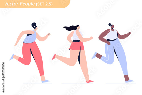 Jogging. Three girls running, cardio training. Girls working out. Active life. Flat vector characters isolated on white background.
